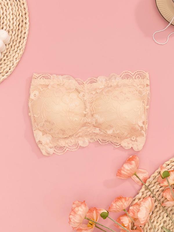 Women's Contrast Lace Scallop Trim Wireless Bra, Soft Comfy Breathable Push Up Lingerie Bandeau Top for Daily Wear, Lingerie for All Seasons