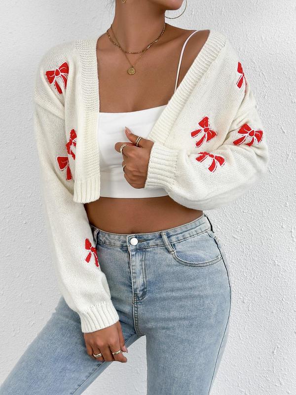 Women's Cartoon Bow Print Crew Neck Crop Sweater Cardigan, Casual Long Sleeve Open Front Knitwear for Spring & Fall, Fashion Women's Knit Clothing for Daily Wear