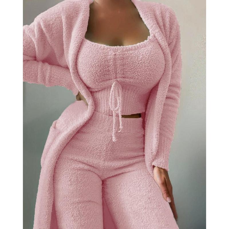Autumn and Winter New Women's Fashion Casual Plush Lace-up Cardigan 3-Piece Trousers Suit knit  material barefoot dreams blanket