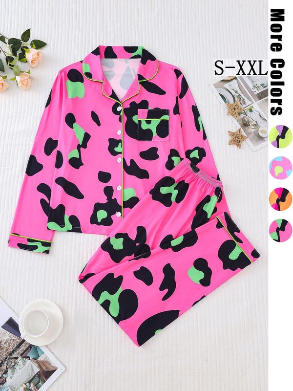 Two-Piece Set Women's Leopard Print Contrast Binding Lapel Neck Pajama Set, Lounge Sets, Long Sleeve Pocket Button Front Top & Elastic Waist Pants PJ Set, Women's Sleepwear for Spring & Fall