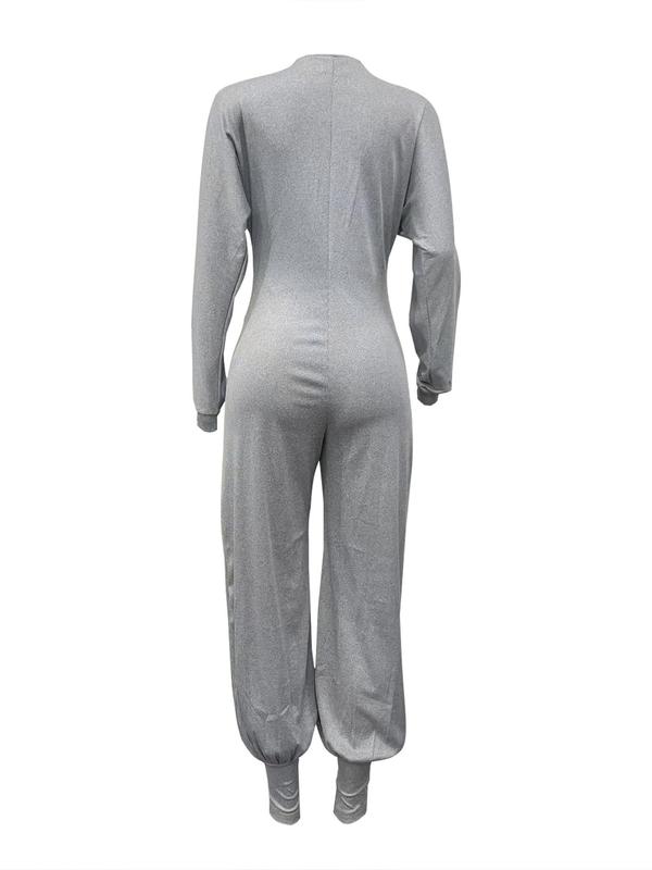 Women's Plain Bishop Sleeve Deep V Neck Jumpsuit, Casual Ribbed Long Sleeve Jumpsuit for Daily Wear, Ladies Clothes for All Seasons