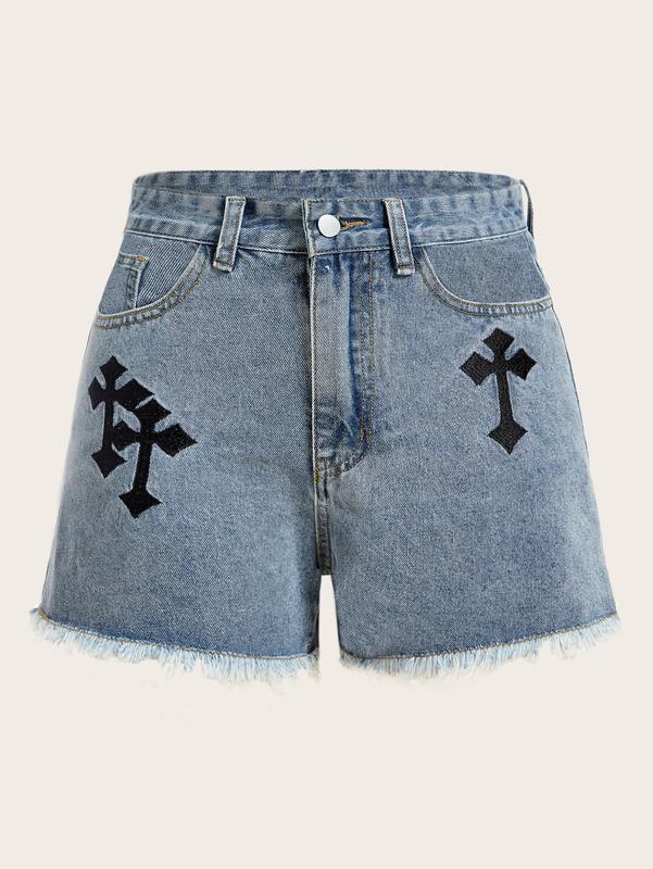 ROMWE Grunge Punk Cross Embroidery Raw Hem Denim Shorts