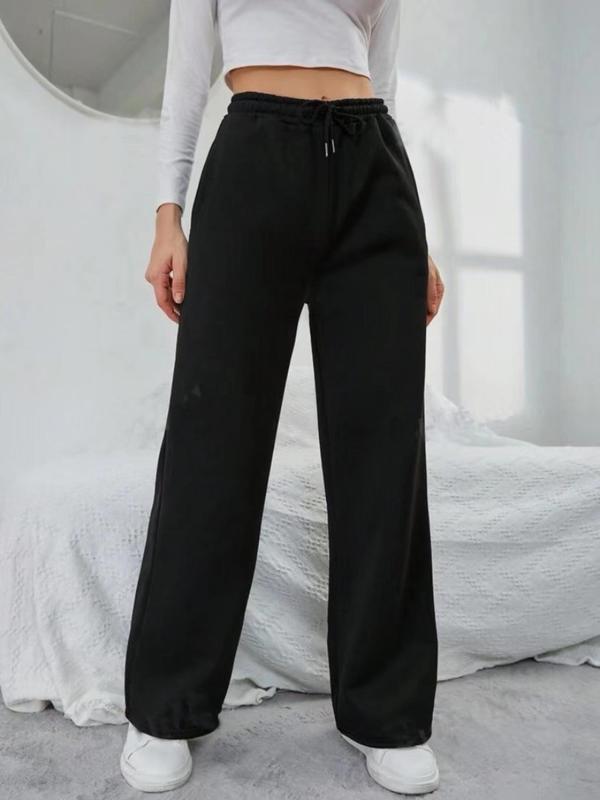 Women's Solid Drawstring Waist Sweatpants, Casual Pocket Straight Leg Pants for Fall & Winter, Women's Trousers for Daily Wear