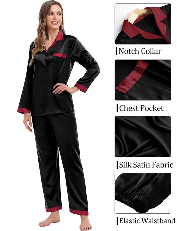 SWOMOG Pajama Sets Women & Men Silky Satin Long Sleeve Sleepwear Classic Button Down Soft Loungewear Couple Christmas Pajama Set Fit Womenswear