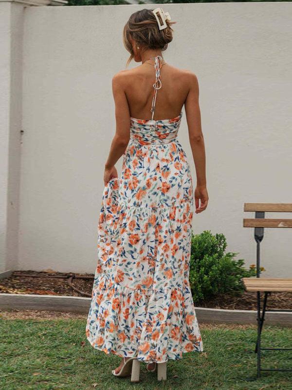 Women's Ditsy Floral Print Ruched Tie Back Cami Dress, Elegant Sleeveless Halter Neck Long Dress for Beach Holiday Vacation, Ladies Vintage Clothing for All Seasons