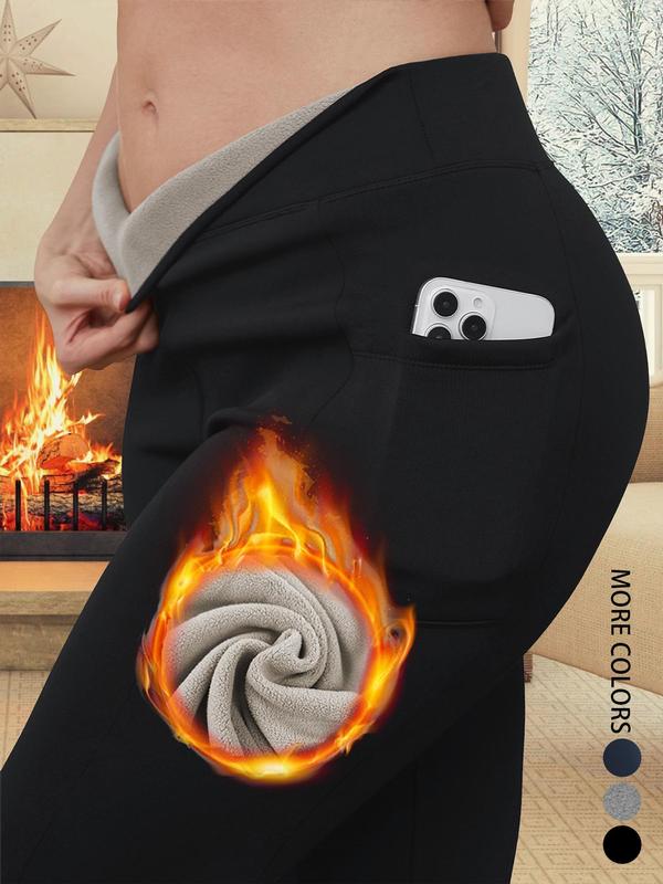  Solid Pocket Thermal Lined Leggings, Casual Comfy High Stretch Leggings for Daily Wear, Women's Bottoms for Fall & Winter