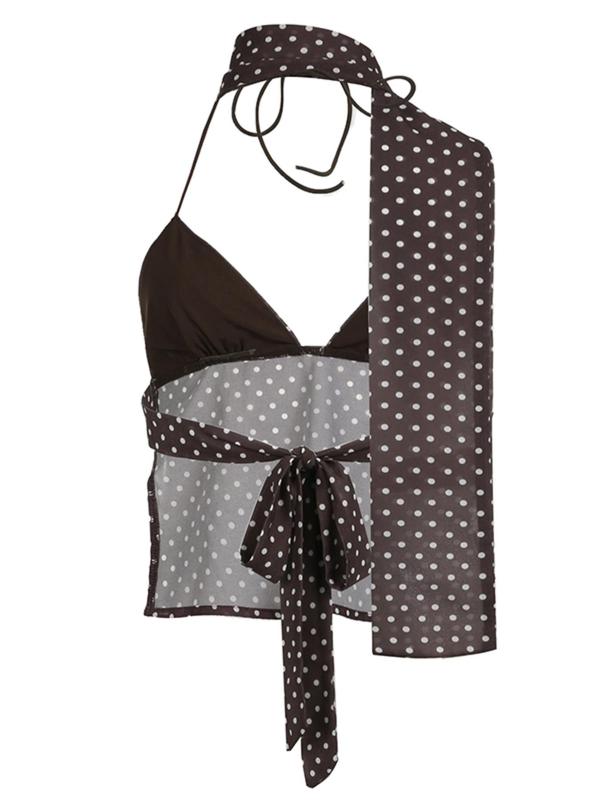 Women's Polka Dot Print Tie Back Halter Cami Top with Scarf, Y2k Fashion Backless Sleeveless Top for Daily Outdoor Wear, Halter Top, Summer Tops, Ladies Clothes for Summer