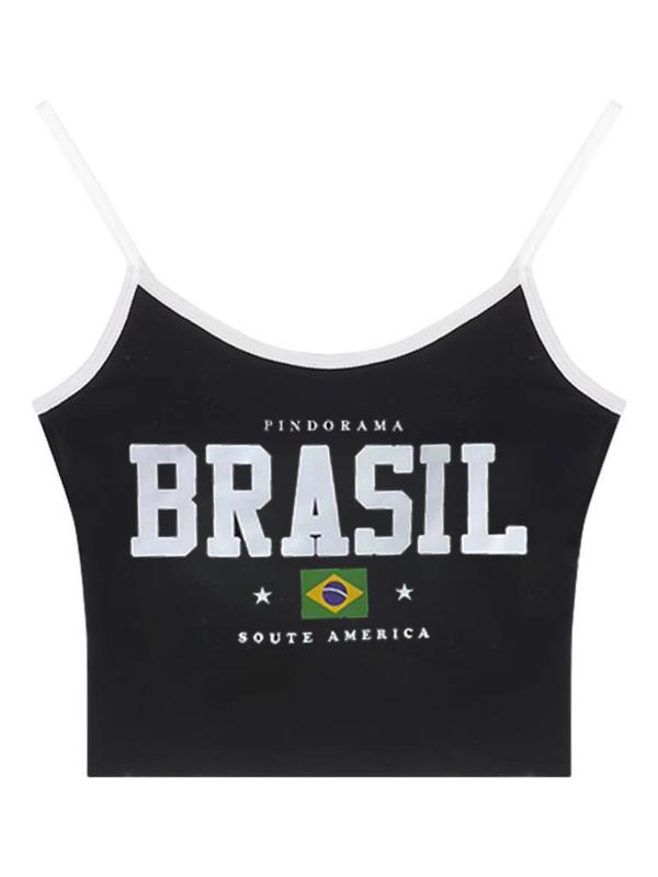 Women's Letter Print Contrast Binding Crop Cami Top, Casual 2000s Y2K Spaghetti Strap Graphic Crop Tops for Summer, Tank Tops for Women, Ladies Back To School Clothes for Beach Holiday Vacation
