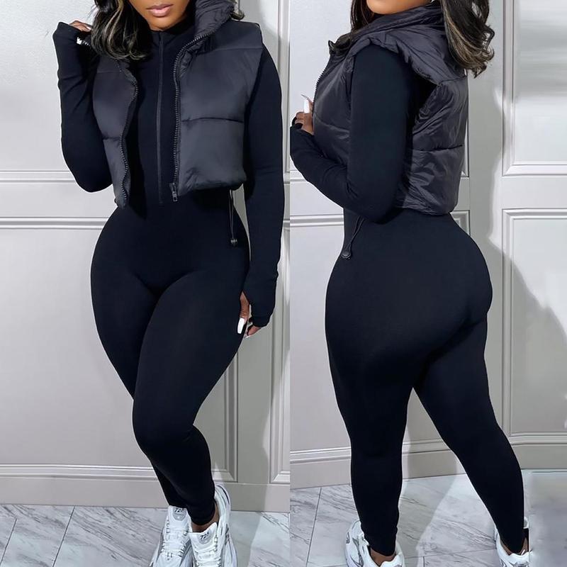 Chicme Plain Zip Up Quilted Gilet Puffer Jacket Casual Collar