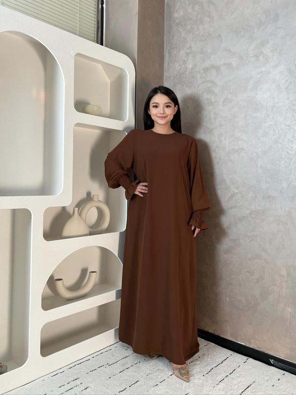 Women's Plain Shirred Flounce Sleeve Zipper Back Dress, Homecoming Dresses, Casual Long Sleeve Round Neck Maxi Dress for Daily Wear, Ladies Clothes for All Seasons