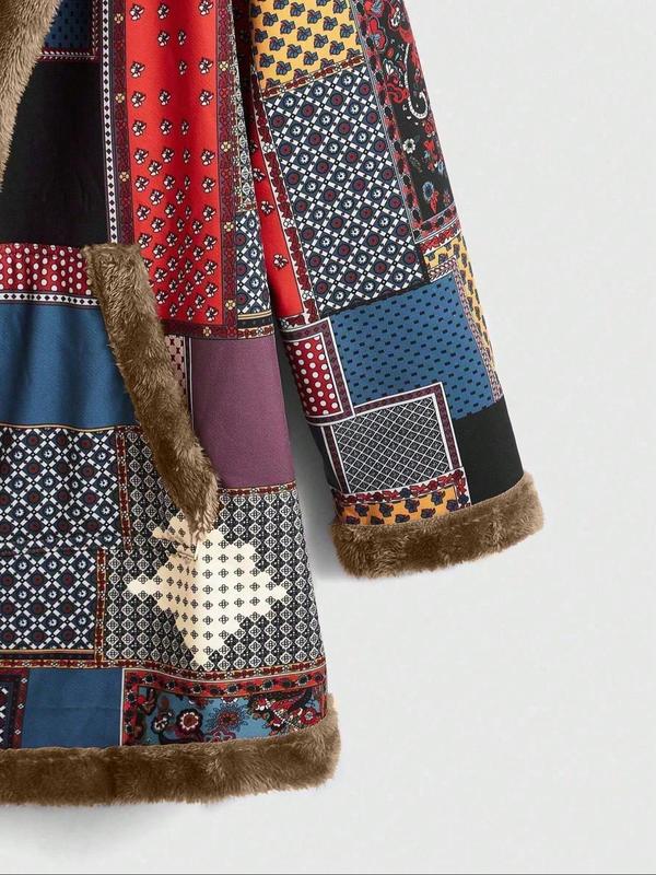 Women's Patchwork Print Long Sleeve Hooded Coat Jackets, Fall Outfits, Casual Pocket Thermal Lined Outerwear Winter Clothes Women for Fall & Winter, Women's Clothing for Daily Wear, Fall Outfits