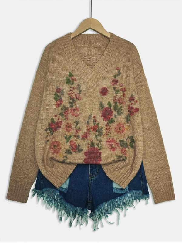 Women's Floral Print Drop Shoulder V Neck Sweater, Casual Long Sleeve Jumper for Fall & Winter, Fashion Ladies' Knitwear for Daily Wear