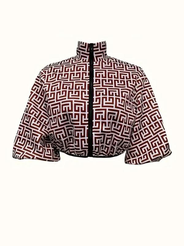 Women's Floral Print Lantern Sleeve Zip Up Jacket, Street Fashion Casual Stand Collar Outerwear for Daily Outdoor Wear, Ladies Clothes for All Seasons Winter Clothes Women