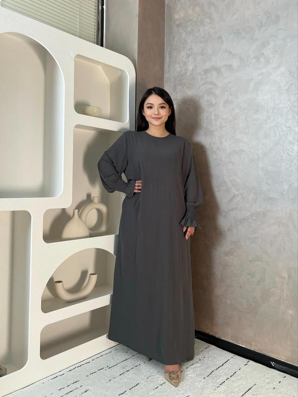 Women's Plain Shirred Flounce Sleeve Zipper Back Dress, Homecoming Dresses, Casual Long Sleeve Round Neck Maxi Dress for Daily Wear, Ladies Clothes for All Seasons