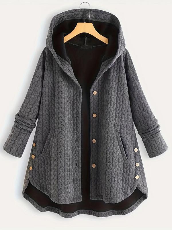 Women's Solid Button Front Hooded Quilted Jacket, Casual Long Sleeve Pocket Outerwear for Fall & Winter, Ladies Clothes for Daily Wear