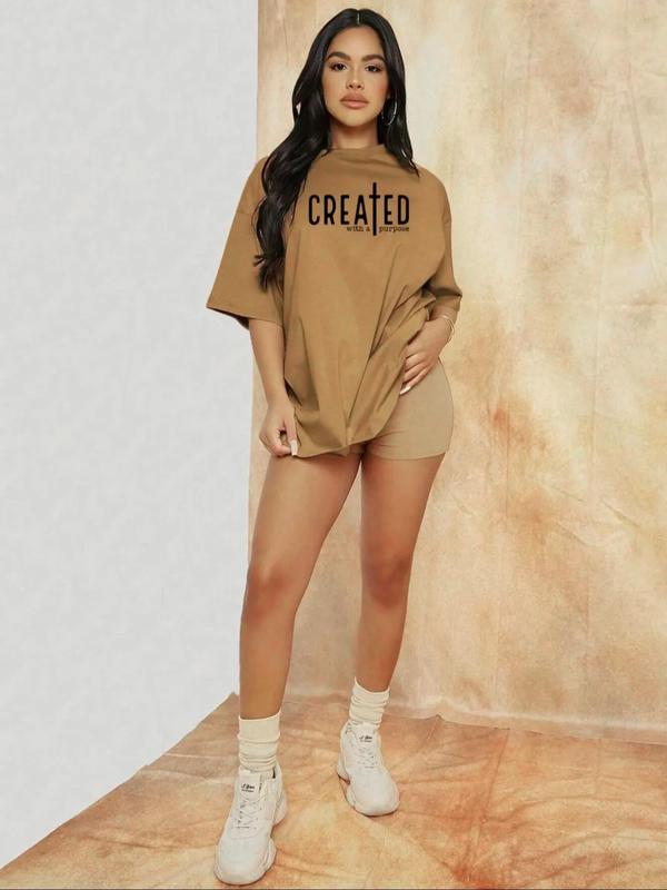 Women's Letter Graphic Print Crew Neck Tee, Fashion Drop Shoulder Short Sleeve T-shirt, Comfort Graphic Tees, Vintage Graphic Tees, Summer Clothes for Daily Wear Streetwear, T Shirts for Women