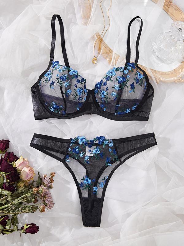 Women's Floral Embroidery Contrast Mesh Bra & Thong Two-piece Set, Sexy Comfy Breathable Lingerie Set for Daily Wear, Women's Underwear Set for All Seasons