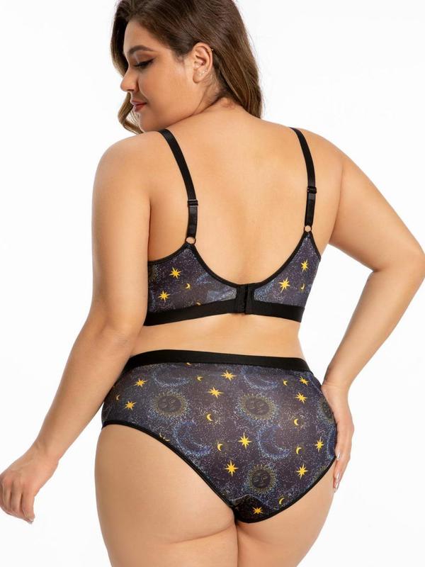 Plus Size Galaxy Print Push Up Bra & Tape Panty Two-piece Set, Casual Comfy Breathable Bra & Knicker for Daily Wear, Women's Underwear Set for All Seasons