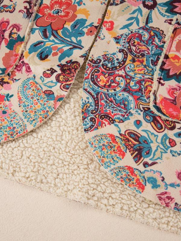 Women's Floral Print Drop Shoulder Thermal Lined Hooded Coat, Boho Long Sleeve Pocket Outerwear for Fall & Winter, Ladies Clothes for Daily Wear