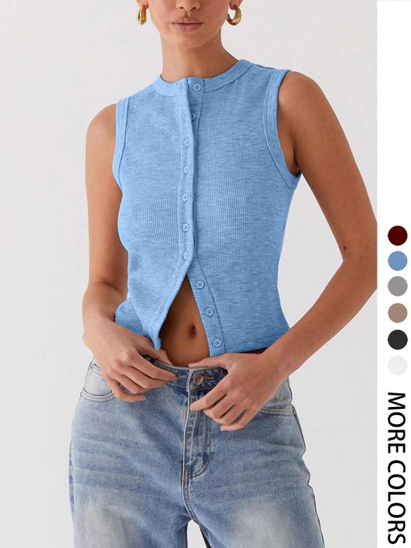 Women's Plain Button Front Ribbed Tank Top, Tank Tops for Women, Casual Sleeveless Round Neck Top for Daily Wear, Ladies Clothes for Fall, Fall Outfits, Fallfreshness Clothes,  Birthday Gifts