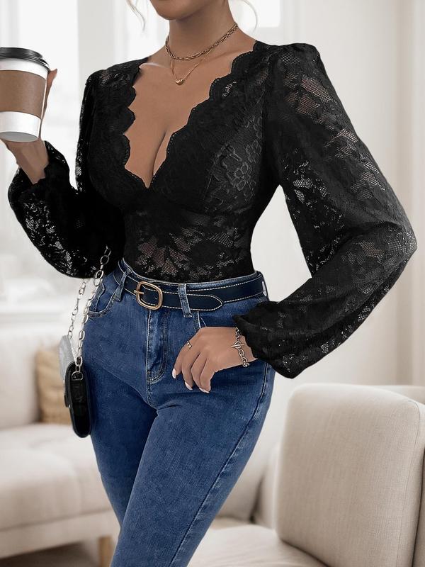 Women's Plain Sheer Lace Deep V Neck Bodysuit, Sexy Scallop Trim Bishop Sleeve Bodysuit for Daily Wear, Ladies Clothes for All Seasons
