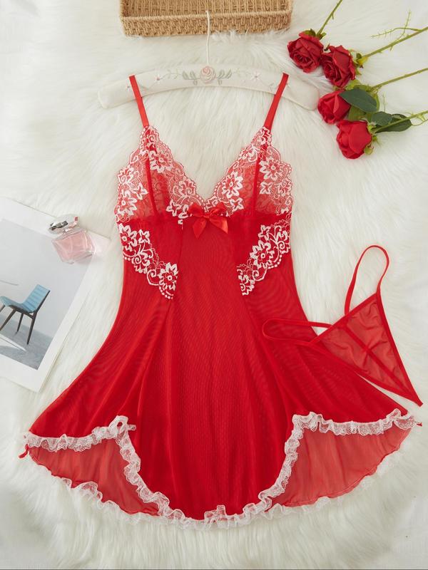 Women's Contrast Lace Bow Decor Tulle Cami Nightdress & Sheer Thong, Romantic Adjustable Spaghetti Strap Asymmetrical Hem V Neck Nightgown & Thong Set, Women's Sleepwear for All Seasons