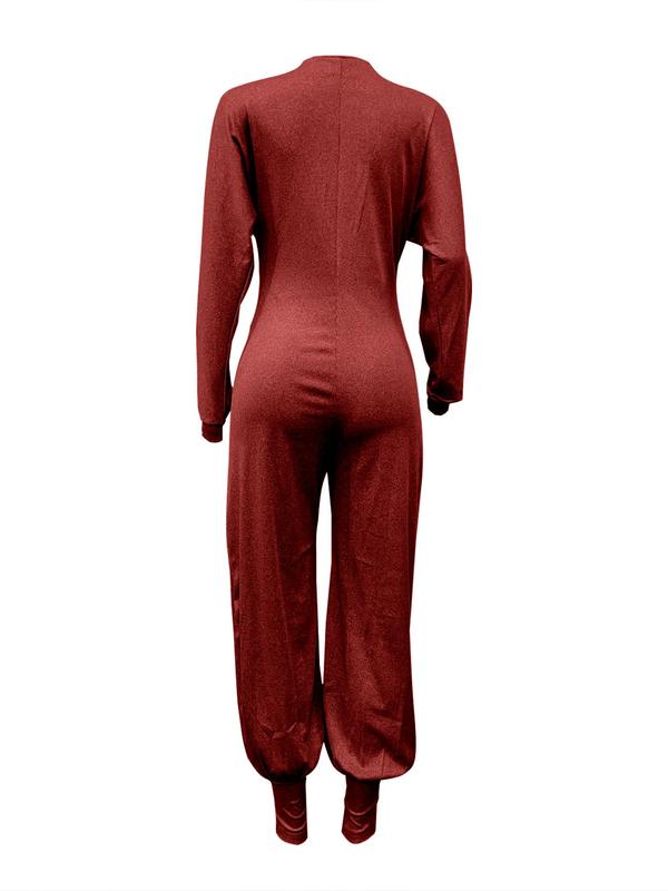 Women's Plain Bishop Sleeve Deep V Neck Jumpsuit, Casual Ribbed Long Sleeve Jumpsuit for Daily Wear, Ladies Clothes for All Seasons