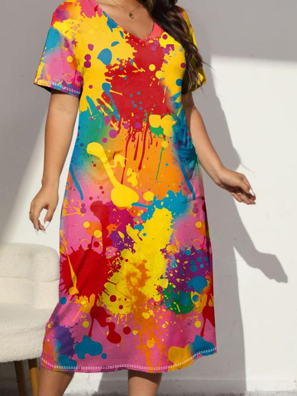  All Over Graffiti Print Pocket Drop Shoulder Lounge Dress, Casual Comfy V Neck Short Sleeve Long Dress for Daily Wear, Women's Sleepwear for All Seasons