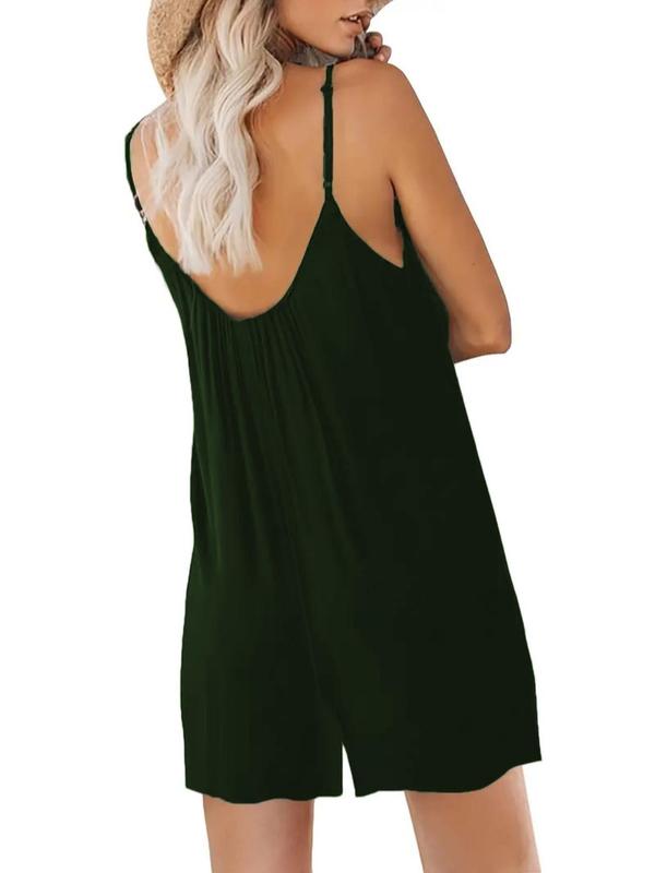 Women's Solid Backless Cami Romper, Casual Spaghetti Strap Sleeveless Romper,  Rompers for Women, Summer Clothes Women, Women's Jumpsuit for Beach Holiday, Jumpsuit for Women