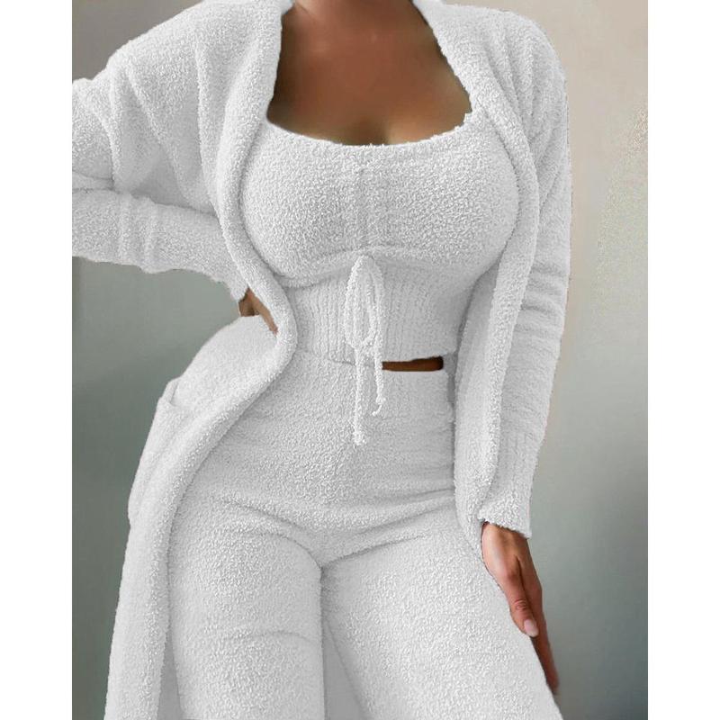 Autumn and Winter New Women's Fashion Casual Plush Lace-up Cardigan 3-Piece Trousers Suit knit  material barefoot dreams blanket