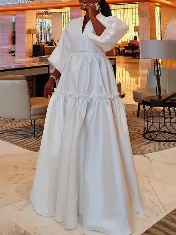 Women's Plain Frill Trim V Neck A Line Dress, Elegant Bishop Sleeve Zipper Back Maxi Dress for Party Holiday Wedding Guest, Ladies Clothes for All Seasons