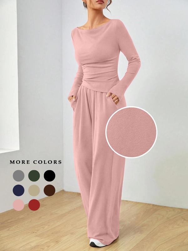Women's Solid Ruched Asymmetrical Hem Tee & Pants Matching Sets, Co Ords for Women, Casual Boat Neck Long Sleeve Top & Trousers, Women's Spring & Fall Clothes