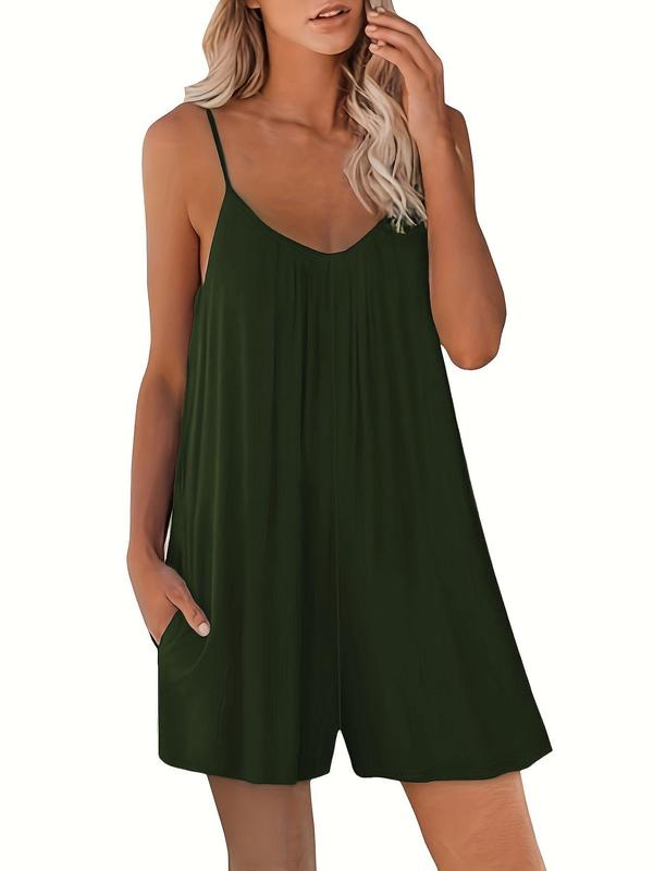 Women's Solid Backless Cami Romper, Casual Spaghetti Strap Sleeveless Romper,  Rompers for Women, Summer Clothes Women, Women's Jumpsuit for Beach Holiday, Jumpsuit for Women