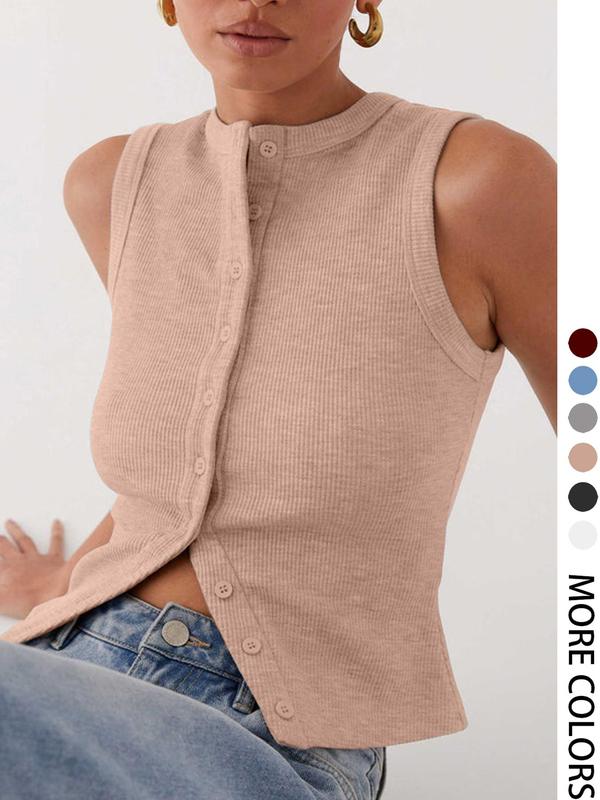 Women's Plain Button Front Ribbed Tank Top, Tank Tops for Women, Casual Sleeveless Round Neck Top for Daily Wear, Ladies Clothes for Fall, Fall Outfits, Fallfreshness Clothes,  Birthday Gifts