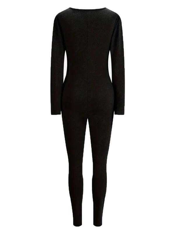 Women's Solid Zip Up Long Sleeve Jumpsuit, Casual Comfy Tight-fitting Jumpsuit for Fall & Winter, Women's Clothes for Daily Wear