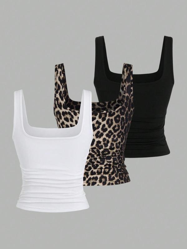  Plain & Leopard Print Scoop Neck Tank Top, Casual Sleeveless Top for Summer, Women's Clothing for Daily Wear