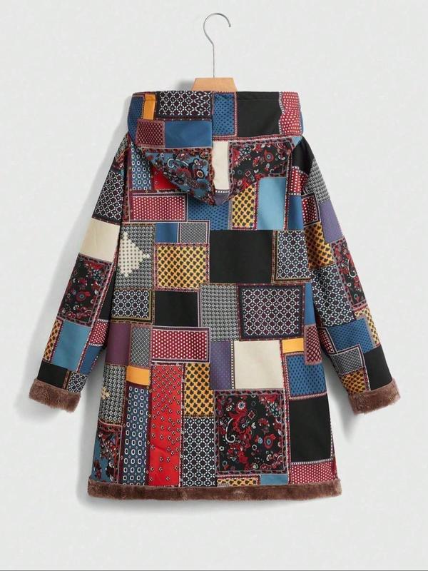 Women's Patchwork Print Long Sleeve Hooded Coat Jackets, Fall Outfits, Casual Pocket Thermal Lined Outerwear Winter Clothes Women for Fall & Winter, Women's Clothing for Daily Wear, Fall Outfits