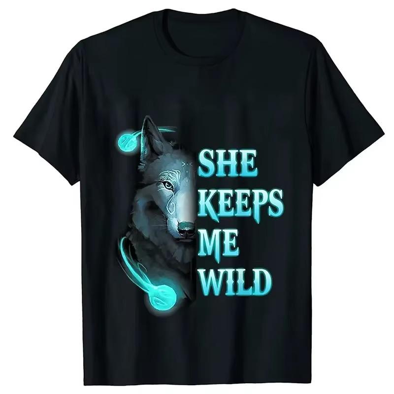 She Keeps Me Strong He Keeps Me Safe Couple Matching T Shirt Wolf Couple T Shirt Casual Black LOVER Shirt Tops