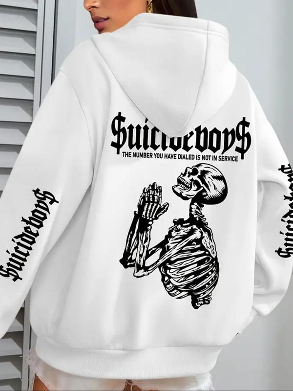  Skull & Letter Print Drop Shoulder Hoodie, Fashion Casual Drawstring Pocket Hooded Sweatshirt for Daily Holiday Outdoor Wear, Essential Hoodies, Women Clothing for Fall & Winter