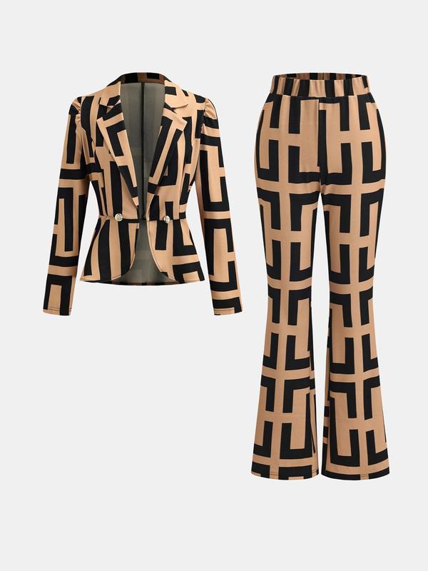 YOZY Two-Piece Set Women's All Over Print Double Button Lapel Neck Blazer & Elastic Waist Pants Set, Long Sleeve Outerwear & Flare Leg Trousers, Casual Spring & Fall Outfits Clothes for Ladies