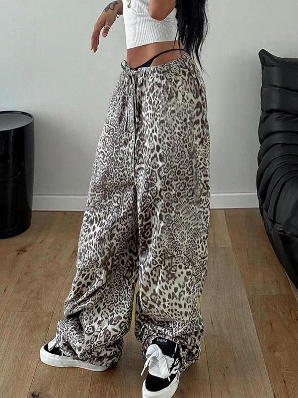 Women's Leopard Print Drawstring Waist Pants, Casual Pocket Straight Leg Trousers for Daily Wear, Ladies Bottoms for All Seasons