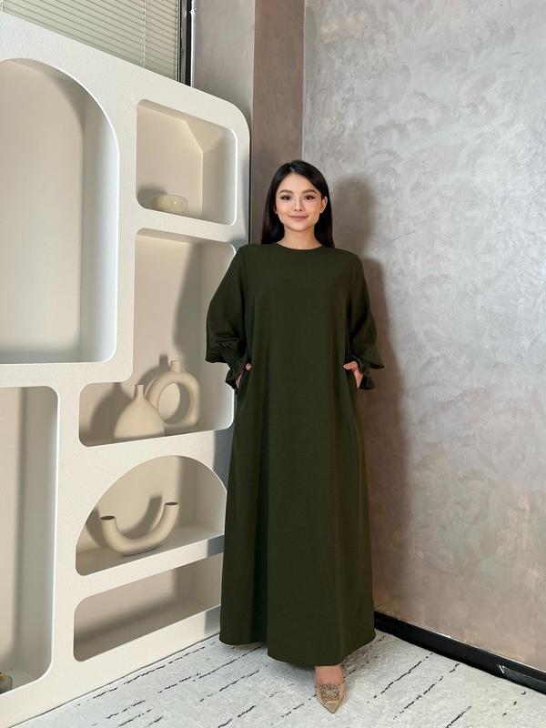 Women's Plain Shirred Flounce Sleeve Zipper Back Dress, Homecoming Dresses, Casual Long Sleeve Round Neck Maxi Dress for Daily Wear, Ladies Clothes for All Seasons