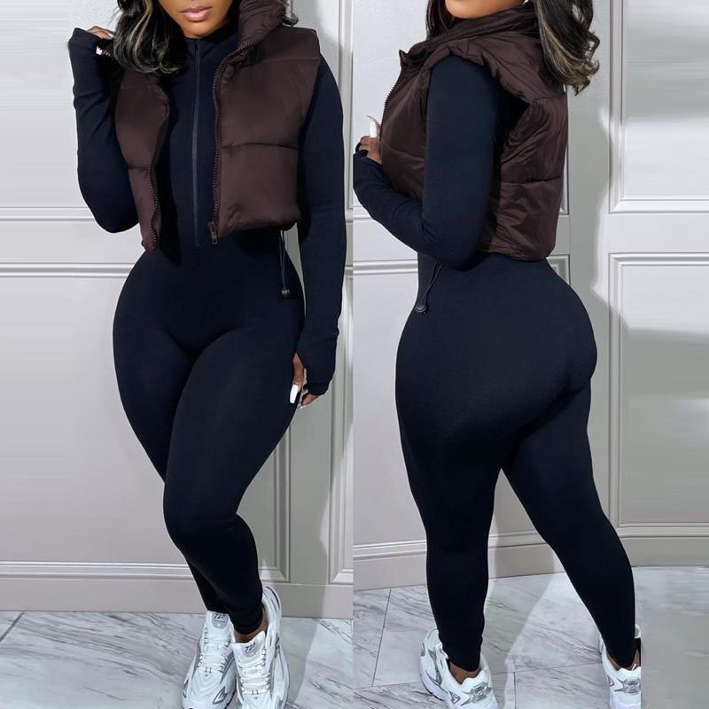 Chicme Plain Zip Up Quilted Gilet Puffer Jacket Casual Collar