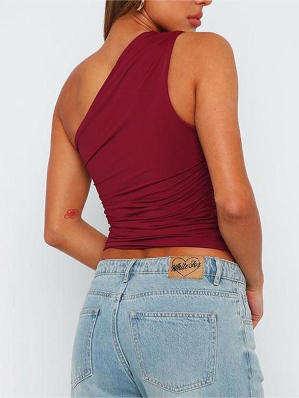 Women's Plain Ruched One Shoulder Tank Top, Summer Clothes Women, Tank Tops for Women, Casual Minimalist Sleeveless Top for Summer, Ladies Clothes for Daily Wear Black Girl Outfits