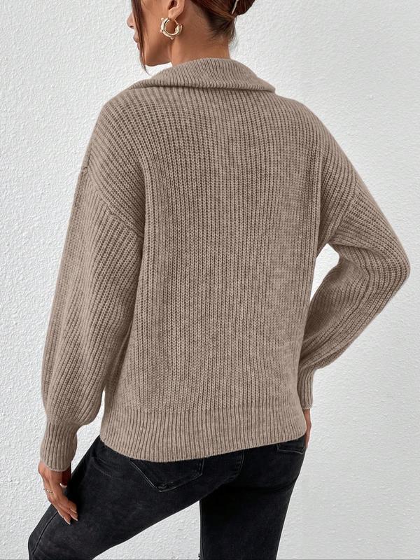 Women's Plain Half Zip Drop Shoulder Sweater, Casual Long Sleeve Collared Jumper for Spring & Fall, Fashion Women's Knitwear for Daily Wear, Fall Outfits, Fallfreshness, Vintage Clothing, Sweaters for Women, Fall Women's Clothing