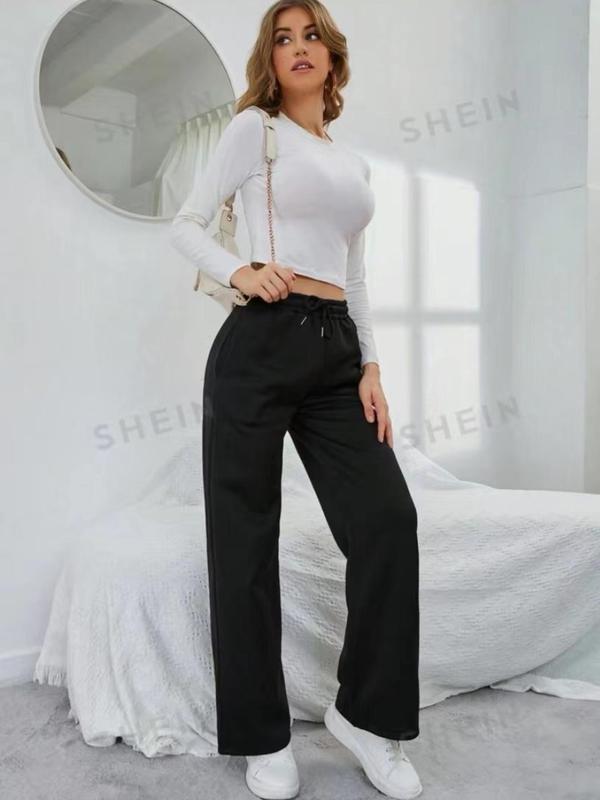 Women's Solid Drawstring Waist Sweatpants, Casual Pocket Straight Leg Pants for Fall & Winter, Women's Trousers for Daily Wear