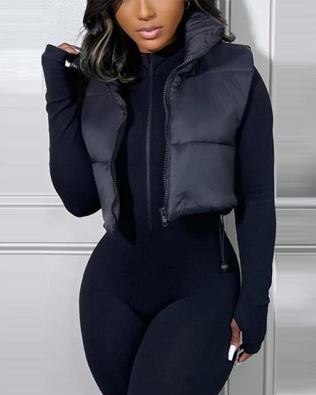 Chicme Plain Zip Up Quilted Gilet Puffer Jacket Casual Collar