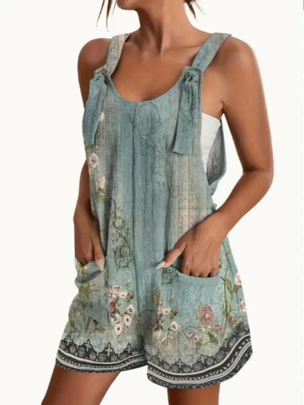 Women's Floral Print Knot Front Lounge Tank Romper, Casual Comfy Sleeveless Pocket Design Romper for Daily Wear, Ladies Sleepwear for All Seasons