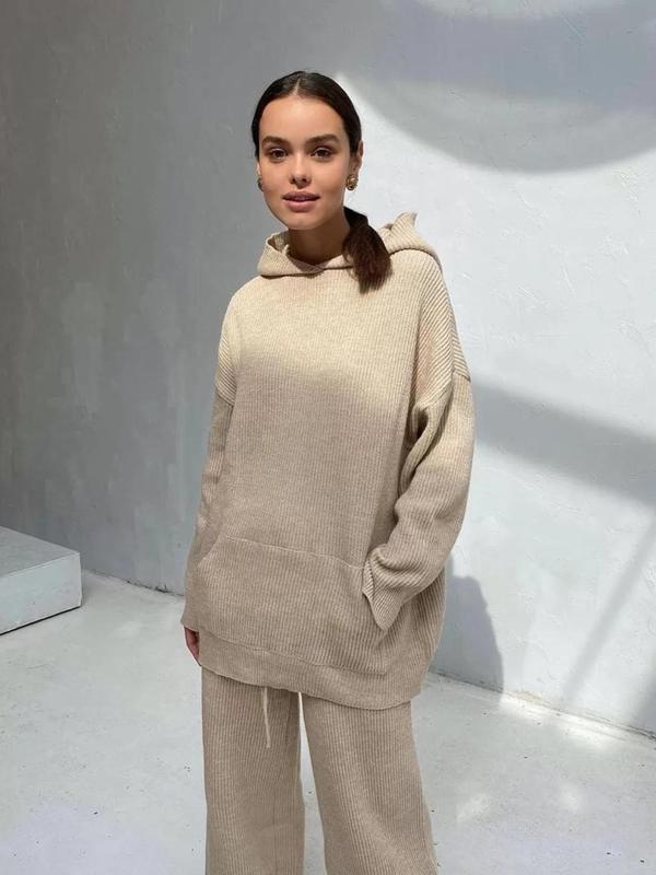 Two-piece Set Women's Plain Drop Shoulder Kangaroo Pocket Hoodie & Drawstring Waist Pants, Casual Fashion Cozy Breathable Outfits for Daily Outdoor Wear,  Two Piece Set Women, Women Clothes for Fall & Winter Girl Clothes