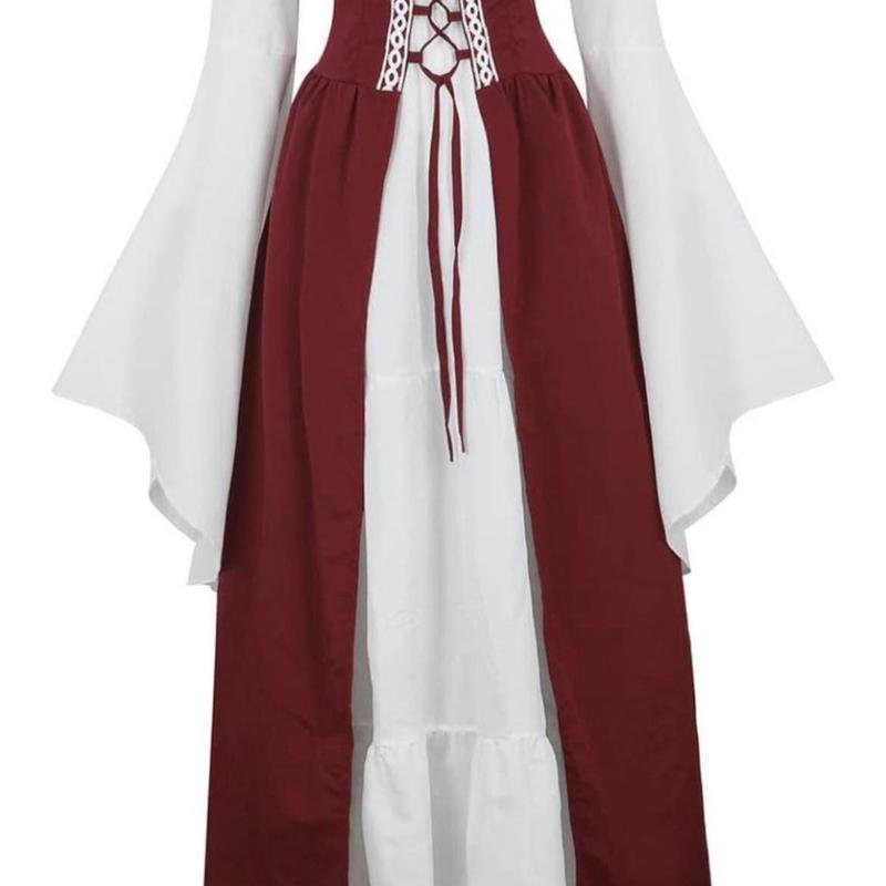 Womens Renaissance Costume Medieval Irish Over Dress and Trumpet Sleeves Chemise Boho Set